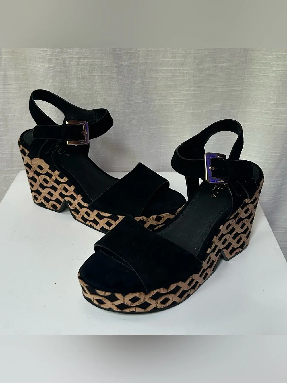 CECELIA NEW YORK Black Suede Platform Wedges with Patterned Cork